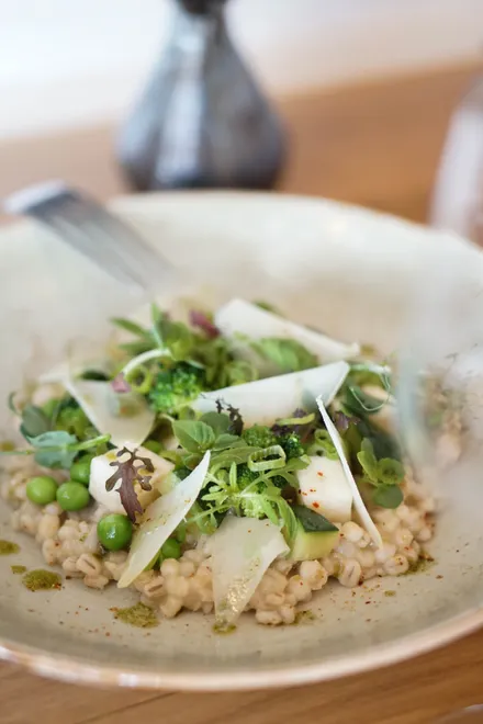 Orsotto d'orge perlé, petits pois, brocoli, courgette et jeunes pousses